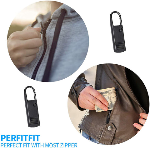 Universal Metal Zipper Pull Replacement for Luggage 8Pcs Black Zipper Tabs shown on jackets and in close-up view