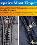 Medium Black Nickel Zipper Repair Kit That Fixes Jackets Sleeping Bags Tents And Duffel Bags With No Sew Slider Replacement Universal Tool For Instant Reusable Zipper Repair Sizes 5 To 7 By FixNZip shown on jackets