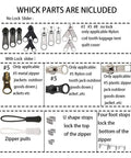 252-Piece Zipper Repair Kit contents displayed with sliders, pulls, and tools for luggage, bags, and jackets by Meikeer