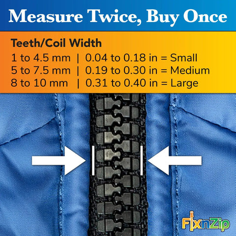 Close-up of zipper measurement guide with width chart and FixnZip logo for Medium Black Nickel Zipper Repair Kit That Fixes Jackets Sleeping Bags Tents And Duffel Bags With No Sew Slider Replacement Universal Tool For Instant Reusable Zipper Repair Sizes 5 To 7 By FixNZip.