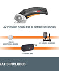 ZipSnip Cordless Electric Scissors 4V Box Cutter with safety blades, charger, and storage bag