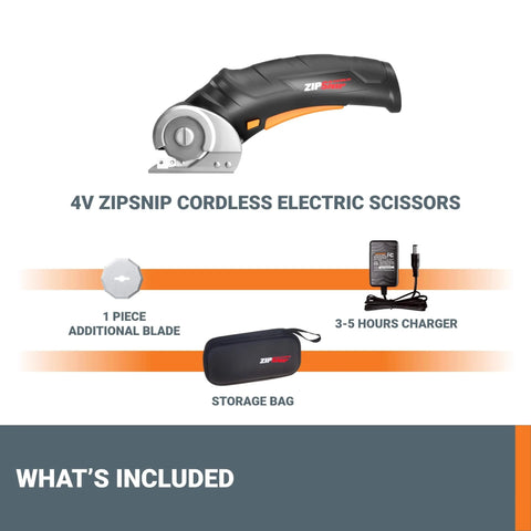 ZipSnip Cordless Electric Scissors 4V Box Cutter with safety blades, charger, and storage bag