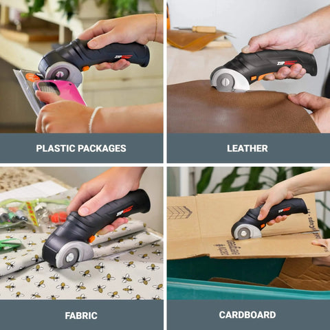 ZipSnip Cordless Electric Scissors 4V Box Cutter cutting plastic, leather, fabric, and cardboard with 2 safety blades