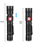 Rechargeable USB LED Flashlight With 2000 Lumens Zoomable Beam shown in extended and compact sizes