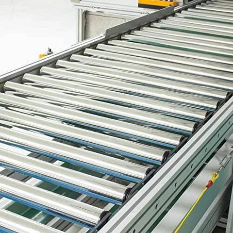 Gravity Conveyor Roller - 1" Diameter x 8" Length - Stainless Steel installed on a conveyor system, side view.