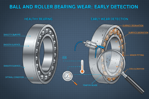 Ball and Roller Bearing Wear: Early Detection showing signs of wear and healthy conditions with magnifying glass illustration.