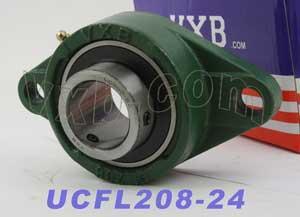 1-1/2" Bore Bearing UCFL208-24 with 2-bolt flange housing in green, side view, box in background