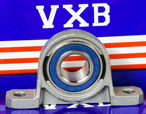 17mm Bore Miniature Stainless Steel Pillow Block Mounted Bearing with blue rubber seal and VXB branding.