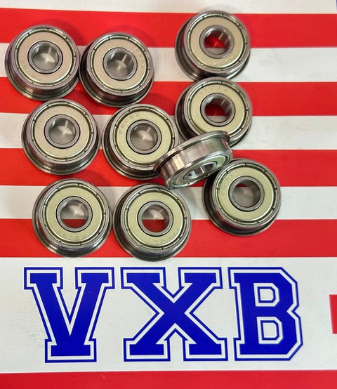 10-Pack Flanged Bearings 8x22x7mm Ball Bearings displayed on red striped backdrop with VXB logo in view.