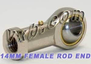 Female Rod End 14mm PHS14 Right hand Bearing in steel, showing thread and rod end design, compatible with 14mm shafts.