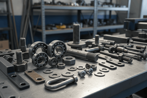 Assorted metal bearings and fasteners on a workbench, representing essential parts you forget - until they break down.