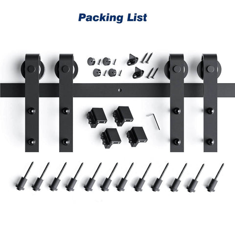 Components of 16 FT Double Door Sliding Barn Door Hardware Track Kit with basic J pulley, screws, and black aluminum rail