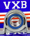 17mm Bore Miniature Stainless Steel Pillow Block Mounted Bearing with blue rubber seal and VXB branding.