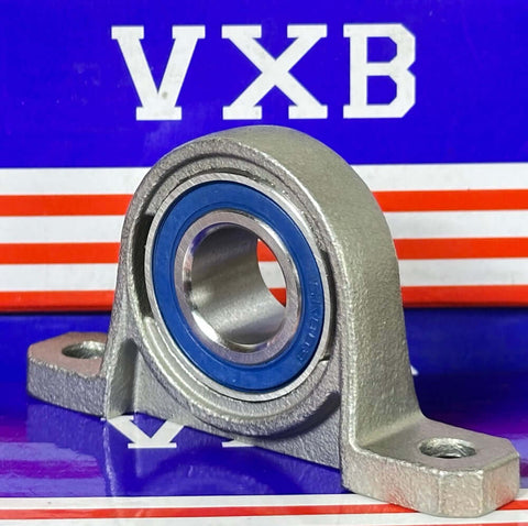 17mm Bore Miniature Stainless Steel Pillow Block Mounted Bearing on display with a blue seal and grey housing.