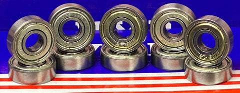 10-Pack 608ZZ Ball Bearings 8x22x7mm arranged on a surface, showcasing the double metal shields and carbon steel construction.