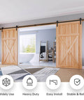 16 FT Double Door Sliding Barn Door Hardware Track Kit with basic J pulley shown on wooden doors in a living room setting