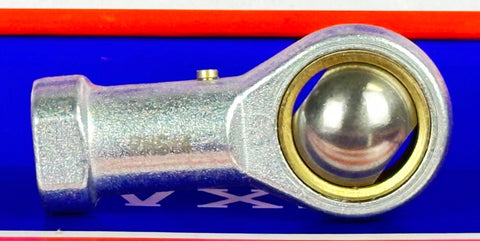 Side view of a Female Rod End 14mm PHS14 Right hand Bearing made of metal, spherical joint visible, for 14mm shafts.