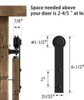 Dimensions and components of 2.5FT Super Mini Sliding Barn Door Hardware Kit for Single Cabinet Doors on TV Stands and Small Wardrobes