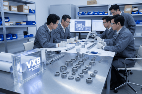 Engineers collaborating on motion components at VXB.com office, showcasing trust in quality bearings, Engineers Trust VXB.com for Quality Motion Components.
