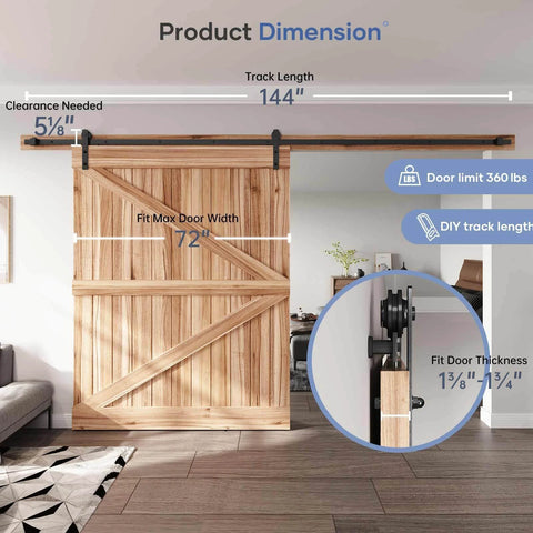 12 FT Heavy Duty Sliding Barn Door Hardware Track Kit with straight pulley design on wooden door in interior setting