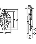 Diagram dimensions of 25mm Miniature Flanged Block Stainless Steel Mounted Bearing with labeled measurements.