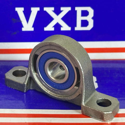 10mm Bore Miniature Stainless Steel Pillow Block Mounted Bearing on display with blue seal and compact mount design.