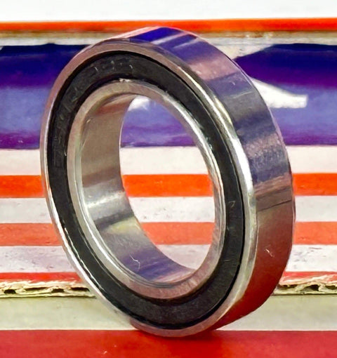 6802-2RS Ceramic Sealed Bearing 15mm Bore shown from the side, featuring dual rubber seals and a shiny metallic finish.