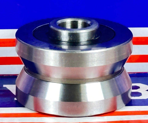 V12x45x26-30mm V Groove Track Roller Bearing - Extended Inner 4mm on a blue and red background.