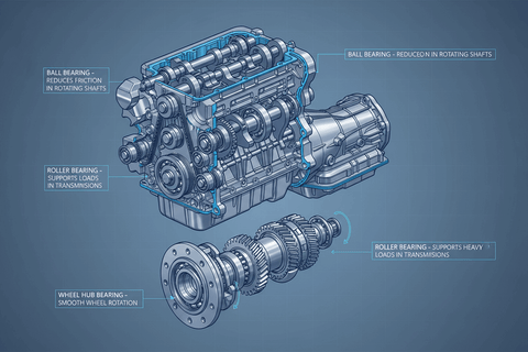 Diagram showing bearings in automotive applications highlighting ball bearings, roller bearings, and wheel hub bearings.
