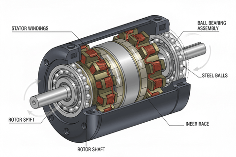 Cutaway view of electric motor showing ball bearing assembly, steel balls, and rotor shaft, illustrating understanding the role of bearings in electric motors.