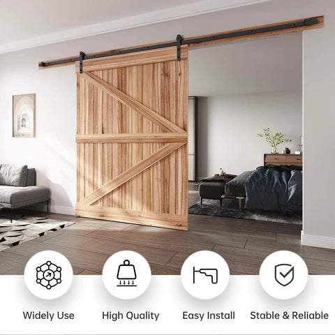 Wooden door using 12 FT Heavy Duty Sliding Barn Door Hardware Track Kit with straight pulley design, installed in modern living room.