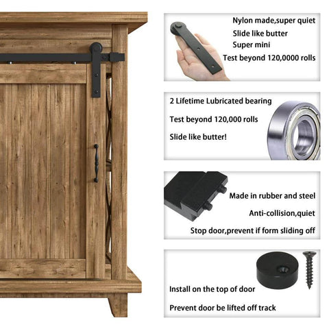 Close-up of 2.5FT Super Mini Sliding Barn Door Hardware Kit for Single Cabinet Doors on TV Stands and Small Wardrobes, showing components and features.