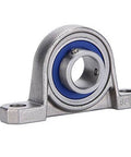 35mm Bore Miniature Stainless Steel Pillow Block Mounted Bearing with blue seal and mounting base.