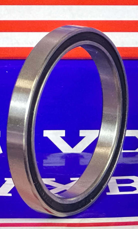 6708-2rs Sealed Metric Slim Bearing 40x50x6mm seen from the side, showcasing the durable chrome steel and rubber seals.