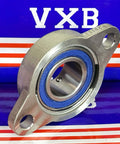 25mm Miniature Flanged Block Stainless Steel Mounted Bearing on a blue background with VXB logo.
