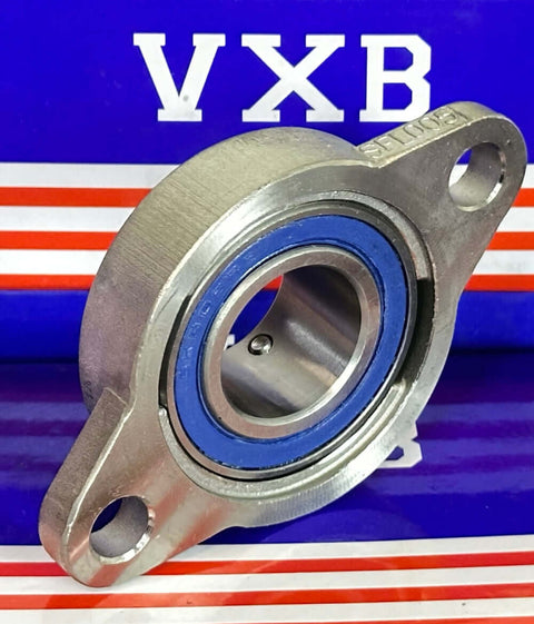 25mm Miniature Flanged Block Stainless Steel Mounted Bearing on a blue background with VXB logo.