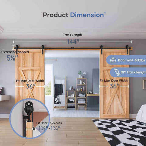 12 FT Double Door Sliding Barn Door Hardware Track Kit installed in a living room, displaying wood doors and track dimensions