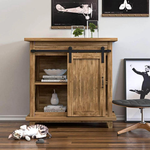 2.5FT Super Mini Sliding Barn Door Hardware Kit on small wooden cabinet, I Shape Hanger Design, installed in living room setup