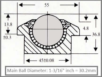 Experience Effortless Movement with Ball Transfer Units diagram showing dimensions and main ball diameter specifications.