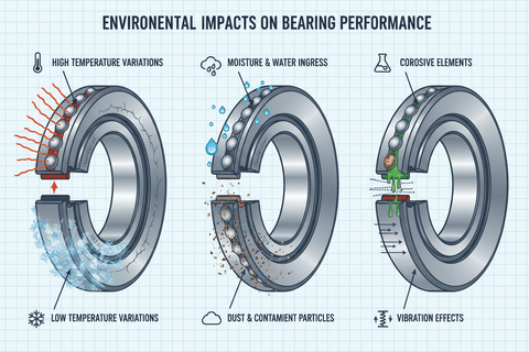 Environmental factors impacting bearing performance: temperature variations, moisture ingress, dust, and corrosive elements.