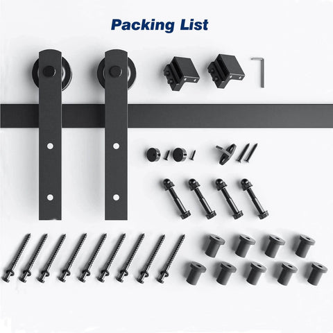 12 FT Heavy Duty Sliding Barn Door Hardware Track Kit with straight pulley design components and fasteners on white background