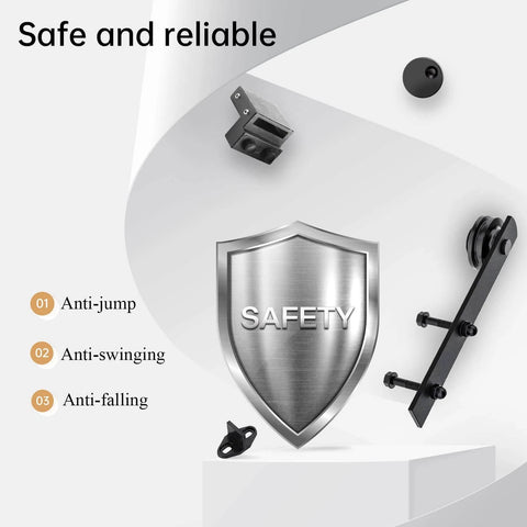 Safety features of the 12 FT Heavy Duty Sliding Barn Door Hardware Track Kit with anti-jump, anti-swinging, and anti-falling mechanisms.