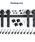 Components of 16 FT Double Door Sliding Barn Door Hardware Track Kit with basic J pulley, screws, and black aluminum rail