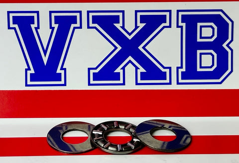 Thrust Needle Roller Bearing 3/8" x 13/16" x 9/64" inch set with needle roller cage and washers on striped background