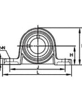 30mm Bore Miniature Stainless Steel Pillow Block Mounted Bearing diagram with dimensions labeled.