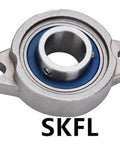 35mm Miniature Flanged Block Stainless Steel Mounted Bearing with blue seal and M10 bolt size.