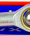 Side view of a Female Rod End 14mm PHS14 Right hand Bearing made of metal, spherical joint visible, for 14mm shafts.