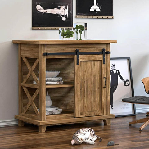 Wooden cabinet with 2.5FT Super Mini Sliding Barn Door Hardware Kit for Single Cabinet Doors on TV Stands and Small Wardrobes, I Shape Hanger