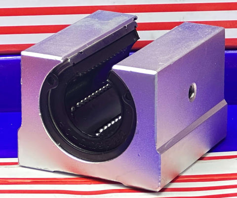 SME25UUOP 25mm CNC Bushing Bearing Open Block Linear Motion for SBR Rails on a red and white striped background.