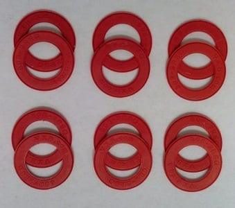 12-Pack Red Rubber Seals for 608 Skate Bearings arranged in a circular layout on a white background.